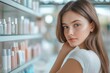 © Elizaveta - Young woman with long hair examines skincare products in a modern shop during daylight, showcasing contemporary beauty trends and lifestyle
