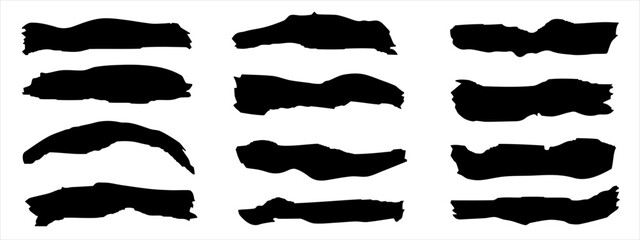 Wall Mural - Vector collection of artistic grungy black paint hand made creative brush stroke set isolated on banner background. A group of abstract grunge sketches for design education or graphic art decoration