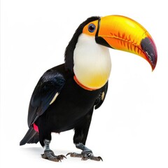 a close-up of a toucan reveals its striking beak and bright plumage, beautifully highlighted by a ge