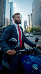 Young manager dressed in formal suit and stylish red tie riding electric scooter in city business center, vertical poster about eco transport advertising