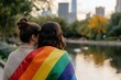 © Milos - A couple wrapped in a vibrant pride flag share a heartfelt moment by an urban waterway as part of a cityscape, symbolizing unity and diversity amidst nature.