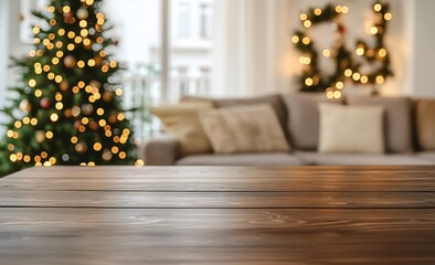 Empty wooden table top with a blurred living room interior decorated for a Christmas background, suitable for product display Generative AI