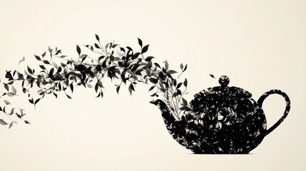 Wall Mural - A teapot silhouette gracefully transforms into flowing tea leaves, merging elements of nature with artistic abstraction. Generative AI