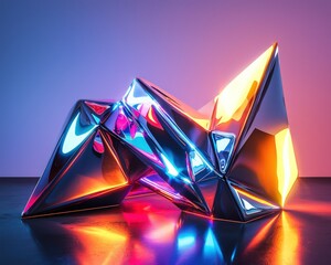 Wall Mural - sharp angular forms in metallic finishes with glowing neon reflections