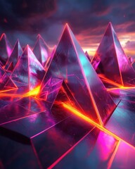 Wall Mural - sharp triangular shapes with glowing neon accents and metallic finishes