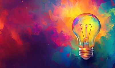 Glowing light bulb with colorful idea banner and copy space, creative thinking