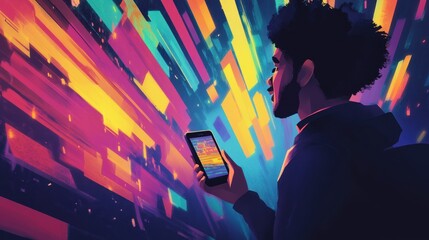 Man Looking at Phone in a Neon City