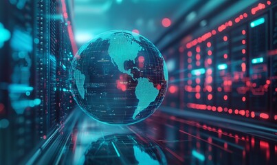 Global network concept with hardware computer server data center and hologram globe. World internet connection or online communication.