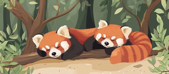 Two Red Pandas Sleeping in a Forest