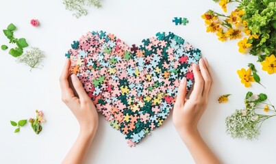 International Mental Health Day. On a white isolated background, hands put together a large heart from colorful puzzles.