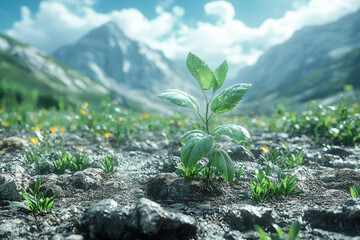 Wall Mural - a barren field suddenly sprouting plants, symbolizing the emergence of life from nothingness. concep