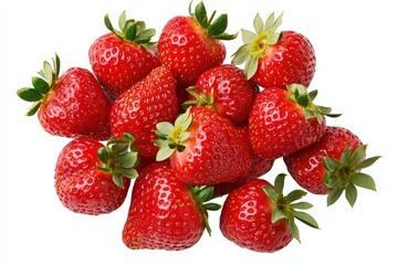 Fresh and juicy strawberries piled together, vibrant red color on a white isolate background.