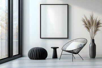  Blank white poster mockup in a modern living room with minimalist decor and clean lines. 3d rendering