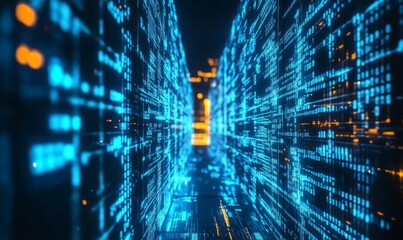 Digital cyberspace with streams of glowing blue data, resembling a futuristic cityscape at night