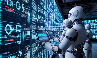 Futuristic technology concept. Team of artificial intelligence software engineers and finance workers