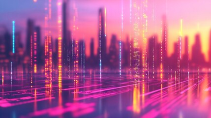AI-powered algorithm design, floating code lines, futuristic cityscape background