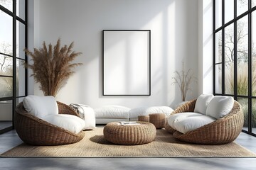  Blank white poster mockup in a modern living room with minimalist decor and clean lines. 3d rendering