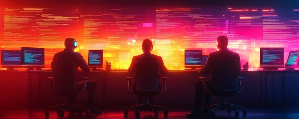 Collaborative coding in AR, glowing holographic panels, futuristic office space