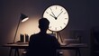 © ArpPSIqee - A serene image of a person sitting at a desk with a giant clock face as a desk lamp, representing the constant pressure of time management and productivity in a modern work environment