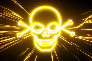 3D neon silhouette of skull and crossbones with glowing yellow light trails isolated on black background.