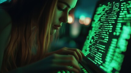 woman working on computer with green code on screen in dark room