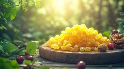 A pile of yellow raisins on a wooden surface in nature.