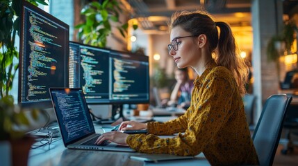 Female software developer coding at her desk in a tech startup