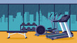 © Alexander - Fitness gym interior vector sport workout room with rain city view background. Weight exercise equipment with dumbbell in bodybuilding club. Bench, elliptical trainer and treadmill in wellness hall