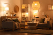 © Pixel-Shot - Interior of living room with sofas, coffee table and glowing lamps