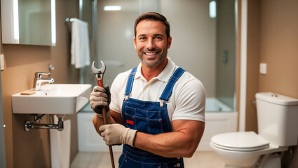 male master professional plumber in bathroom