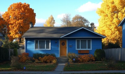 Wall Mural - Charming blue house with a welcoming front yard and vibrant autumn foliage in a peaceful neighborhood setting