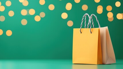 A vibrant yellow shopping bag stands against a green backdrop, adorned with soft, glowing bokeh lights.