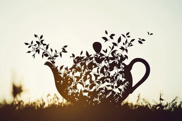 Wall Mural - A silhouette reveals a teapot merging beautifully with tea leaves, set against a soft sunset sky, creating an artistic and serene view. Generative AI