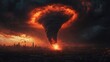 © somneuk - A fiery tornado engulfs a city skyline, with dark storm clouds and an ominous glow illuminating the chaotic scene.
