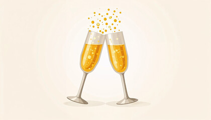 Illustration of two champagne glasses toasting with bubbles on light background
