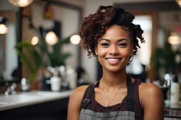 With his arms crossed and a bright smile, a black female barber stands in his stylish, cozy barbershop, looking at the camera.