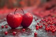 © Milos - Happy love day. Happy Valentine’s Day. Two cherries in the shape of a heart. Love-heart. Valentine hearts. Valentine wallpaper. Valentines Day background. Valentines background. Thank you so much.
