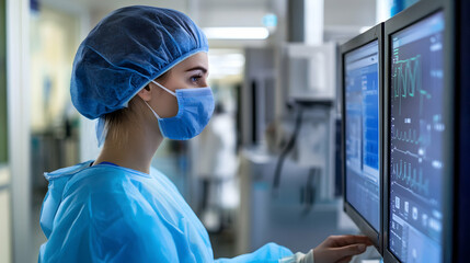 Canvas Print - A healthcare professional analyzing patient data on a digital screen in a medical facility  -