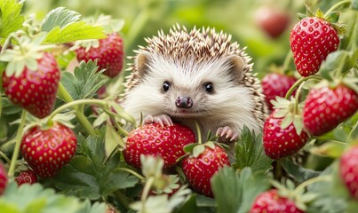 curious young hedgehog , atelerix albiventris, in the bushes of strawberries in garden among red ber