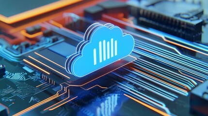 Future digital information technology web hologram with cloud icon, blue golden light digits, cloud computing. Abstract motion of digital data flows.