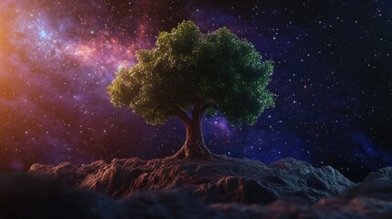 Wall Mural - A single tree with a beautiful space background depicted through 3D cartoon rendering