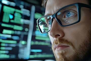 In this image, a software engineer can be seen working on an innovative e-commerce application, complete with machine learning and AI algorithms visible on the computer screen...
