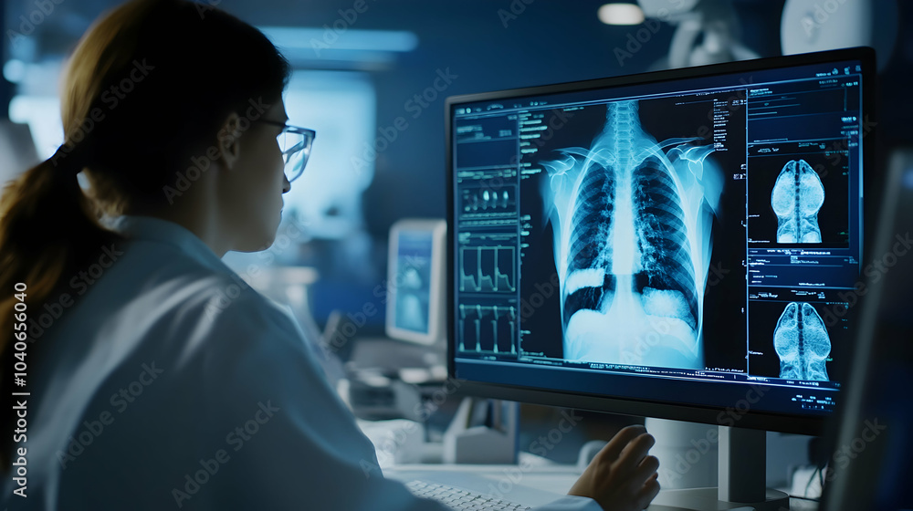 Doctor examining a patient's chest X-ray on a computer screen for ...