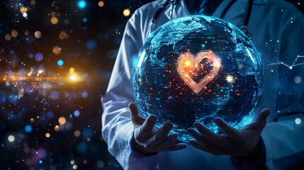 Wall Mural - a physician is presenting a digital globe adorned with a heart symbol, representing advancements in 