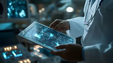 Sticker - Doctor using a tablet with a digital interface to represent advanced medical technology  -