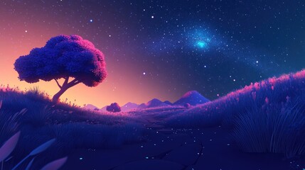 Wall Mural - Beautiful night landscape featuring vibrant colors and the Milky Way in a 3D cartoon rendering