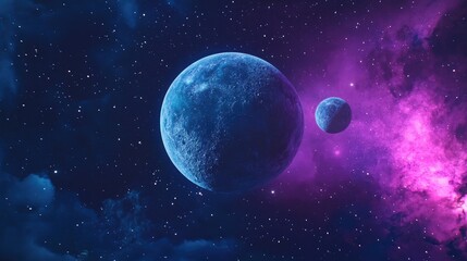 Wall Mural - a purple and blue planet in deep space with two moons depicted in 3d cartoon rendering digital 3d il