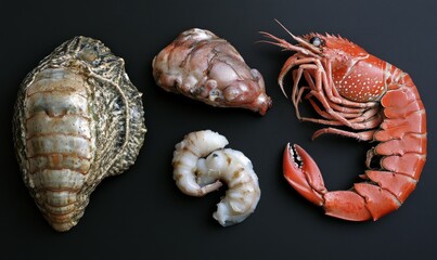 Wall Mural - Set of fresh seafood on black background