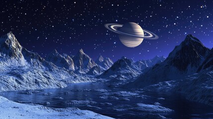 Wall Mural - sci fi wallpaper featuring saturn and mountains on earth in a night landscape created with 3d cartoo