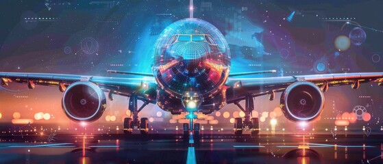 A futuristic plane with vibrant digital overlays is poised on a glowing runway at night, evoking speed, technology, and innovation.